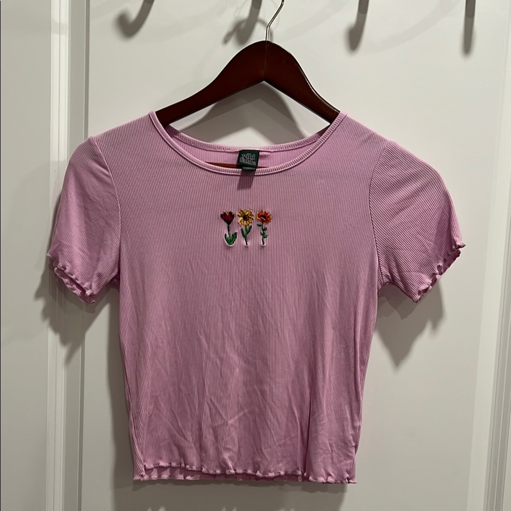 Wild Fable Pink/Purple Ribbed Top with Floral Embroidery